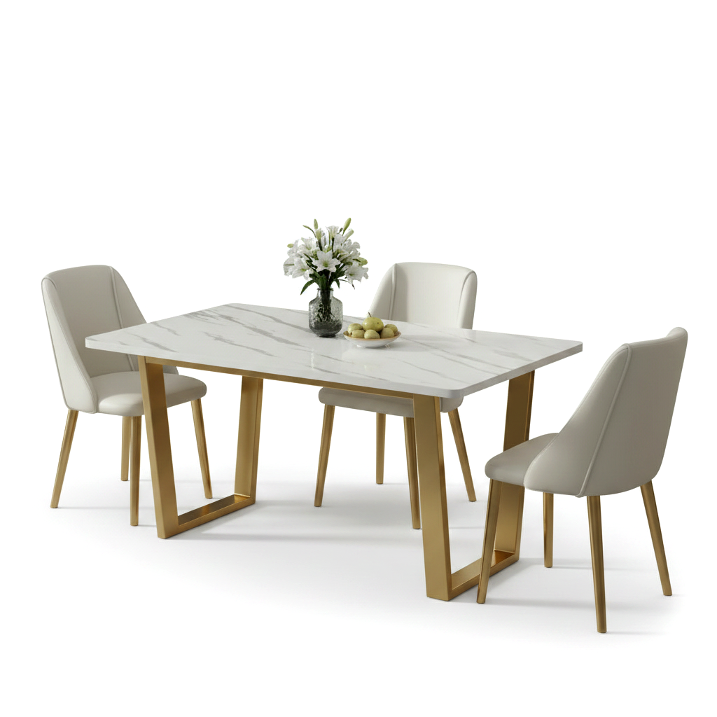 Modern Gold U-Base Marble Dining Table & White Leather Chairs Dining Set - Image 5