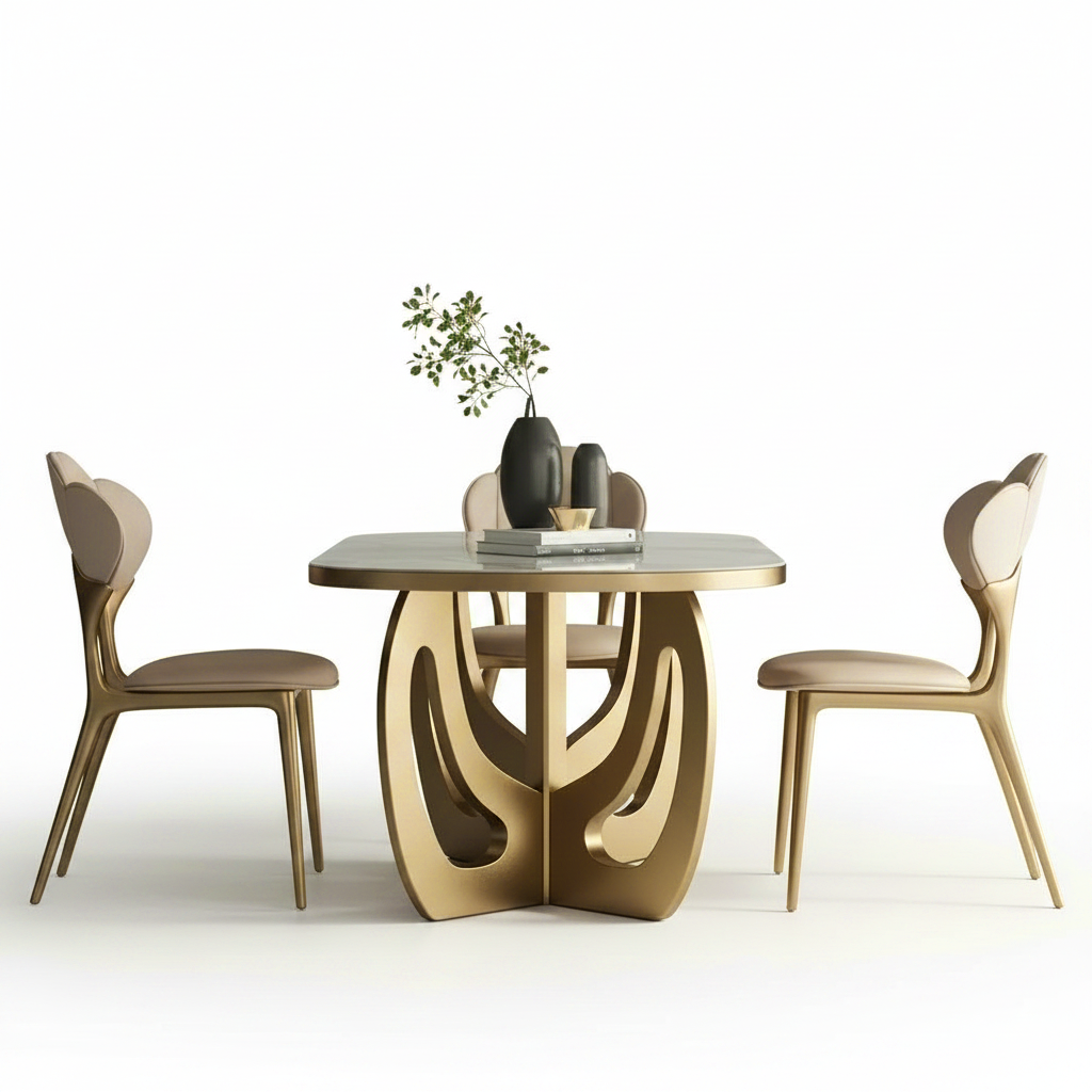 Modern Gold Sculptural-Base Marble Dining Table & Petal-Back Chairs Dining Set - Image 5