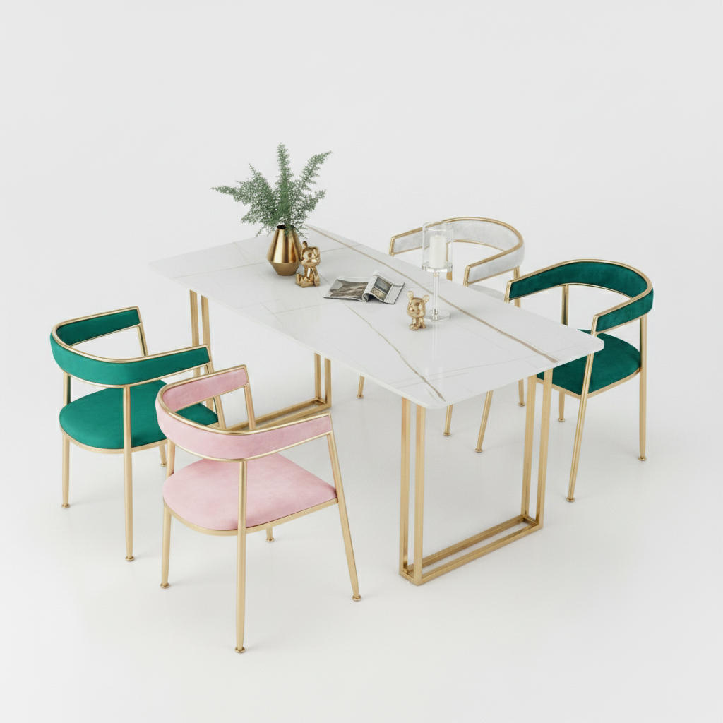 Modern Gold-Framed Marble Dining Table & Multi-Color Velvet Chairs Dining Set - Image 5