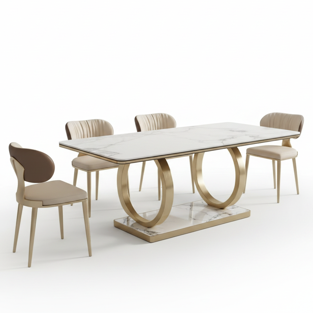 Modern Gold Double-Ring Base Marble Dining Table & Two-Tone Chairs Dining Set - Image 5