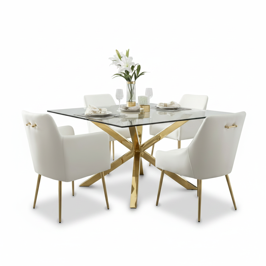Modern Gold Star-Base Glass Dining Table & White Leather Chairs Dining Set - Image 5