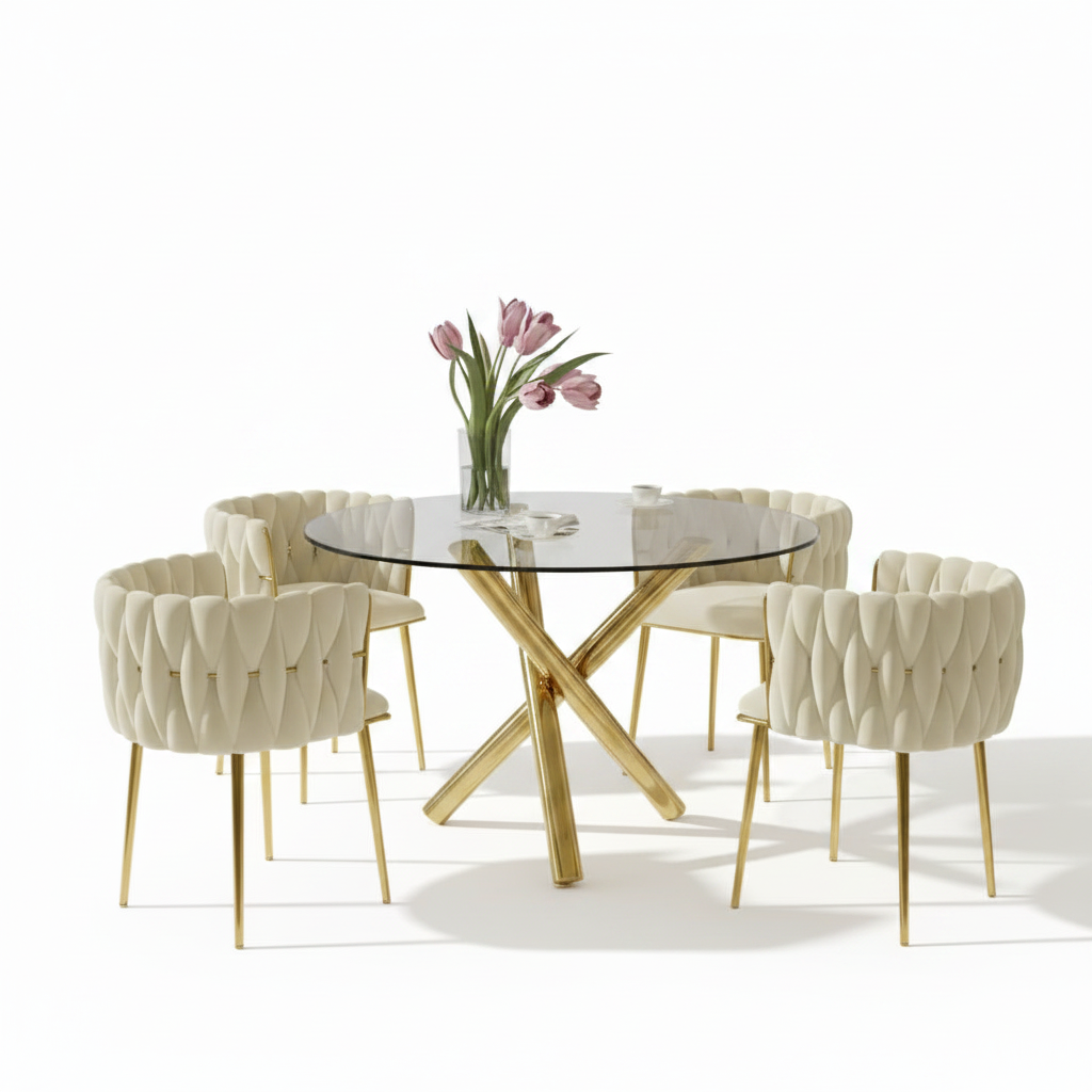 Modern Gold Base Glass Dining Set – Cream Padded Chairs - Image 5