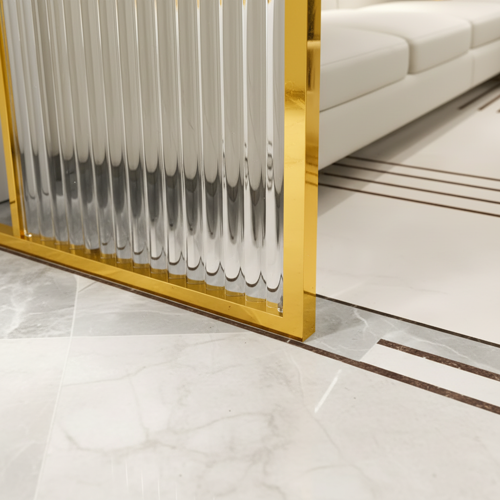 Modern Gold Entryway Partition – Luxury Fluted Glass Room Divider with Integrated Display Shelves - Image 5