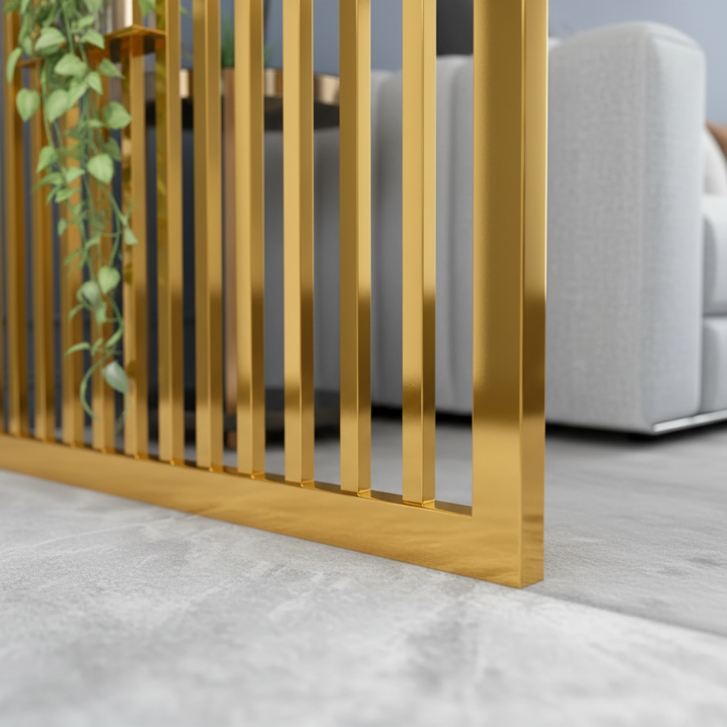 Modern Gold Slat Room Divider – Luxury Metal Partition with Integrated Geometric Plant Shelves. - Image 5