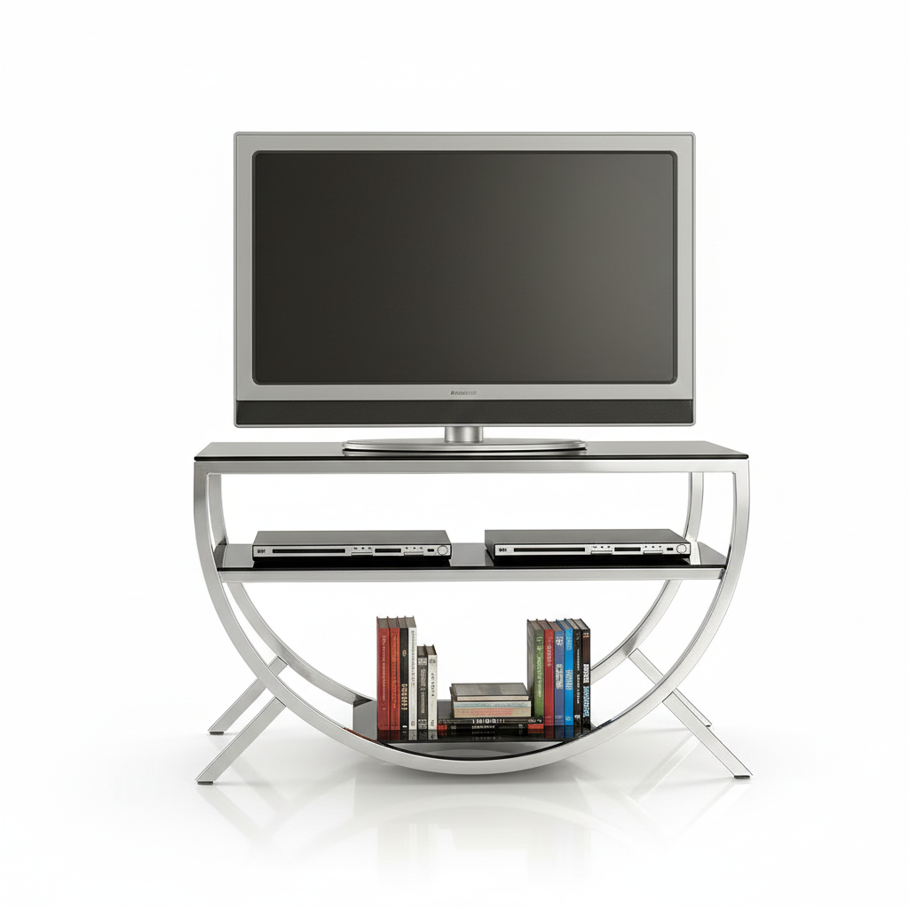Modern Silver Chrome TV Stand – Luxury Minimalist Entertainment Center with Tiered Black Glass Shelves & Curvilinear Metal Frame - Image 6