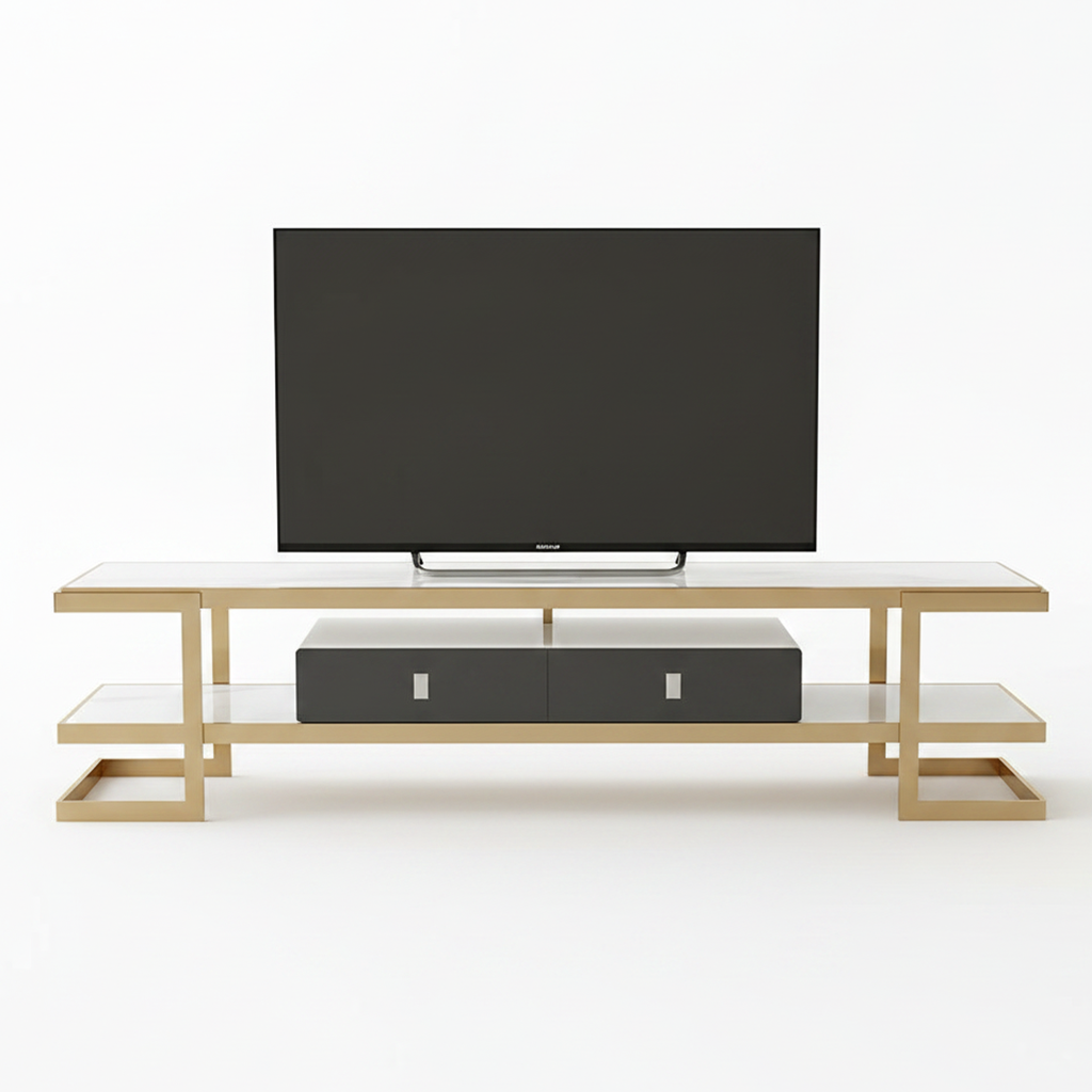 Luxury Gold Stainless Steel TV Unit – Modern Multi-Tier Media Console with White Marble Shelves & Geometric Frame Design - Image 5