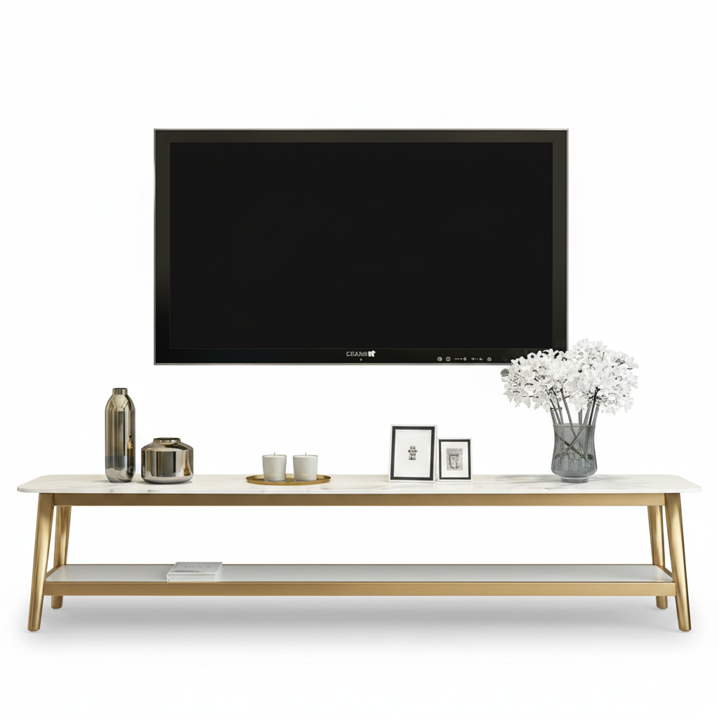 Luxury Gold Stainless Steel TV Stand – Modern Open-Concept Media Console with Marble Tiers & Geometric Interlocking Frame - Image 5