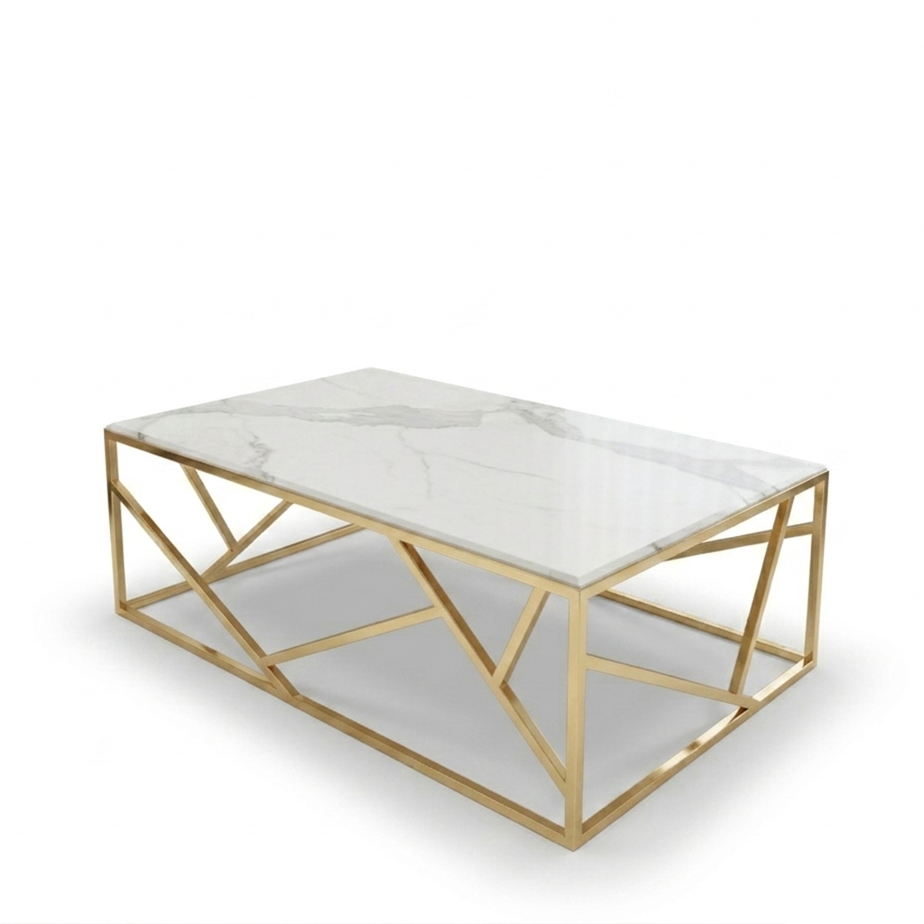 Modern Gold Geometric Diamond-Base Marble Coffee Table - Image 6