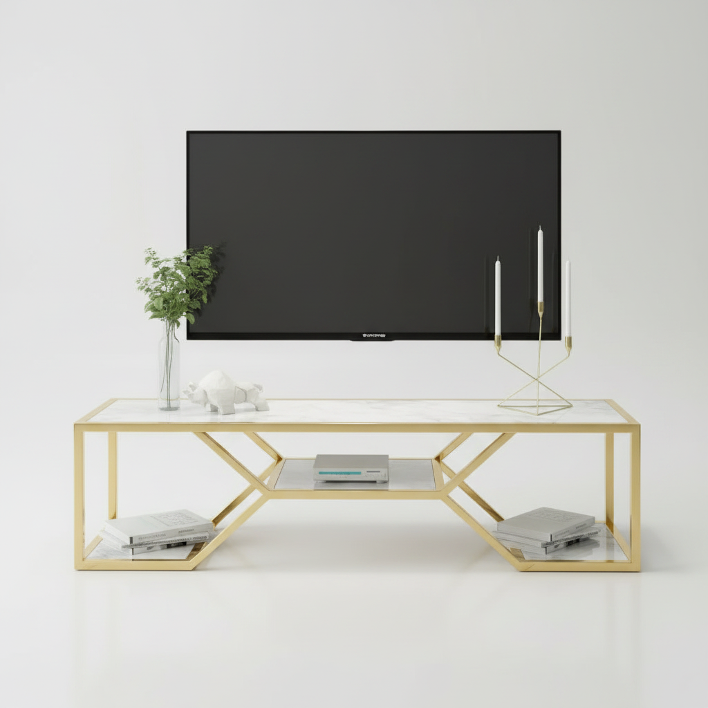 Modern Luxury White Marble TV Unit – Geometric Gold Stainless Steel Frame Media Stand with Multi-Level Open Shelving - Image 6