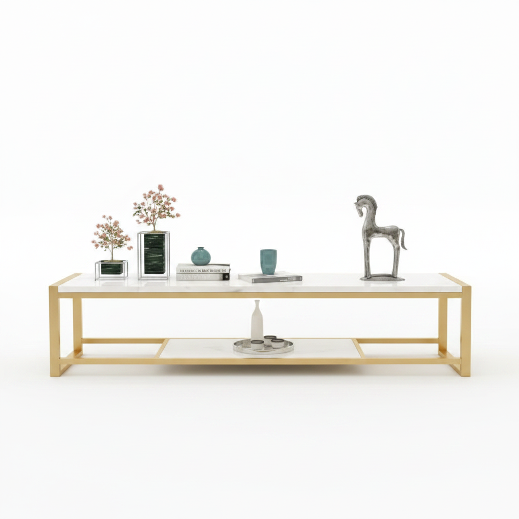 Minimalist Luxury White Marble TV Stand – Modern Gold Stainless Steel Frame Media Console with Integrated Low-Profile Shelf - Image 6