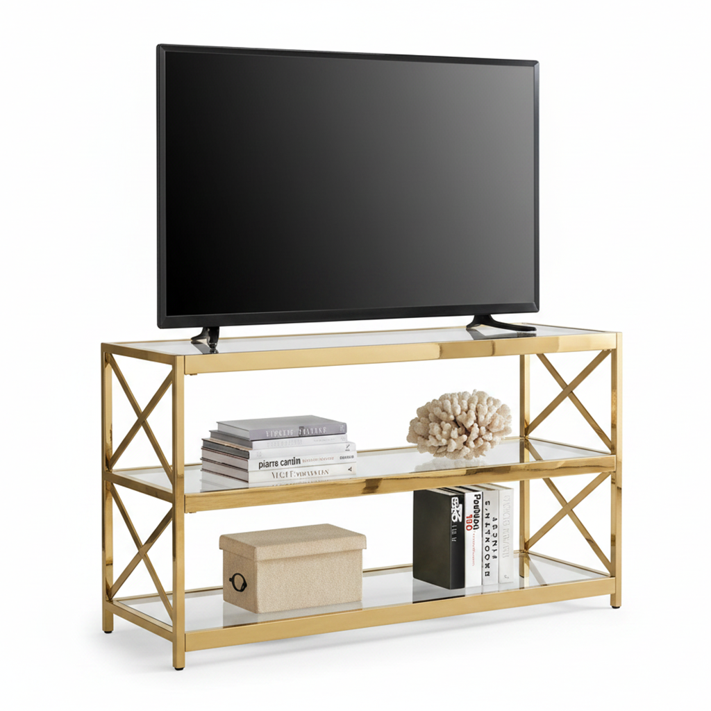 Luxury White Marble TV Unit – Modern Gold Stainless Steel Media Console with Rectangular Open Frames & Elegant Display Shelves - Image 5