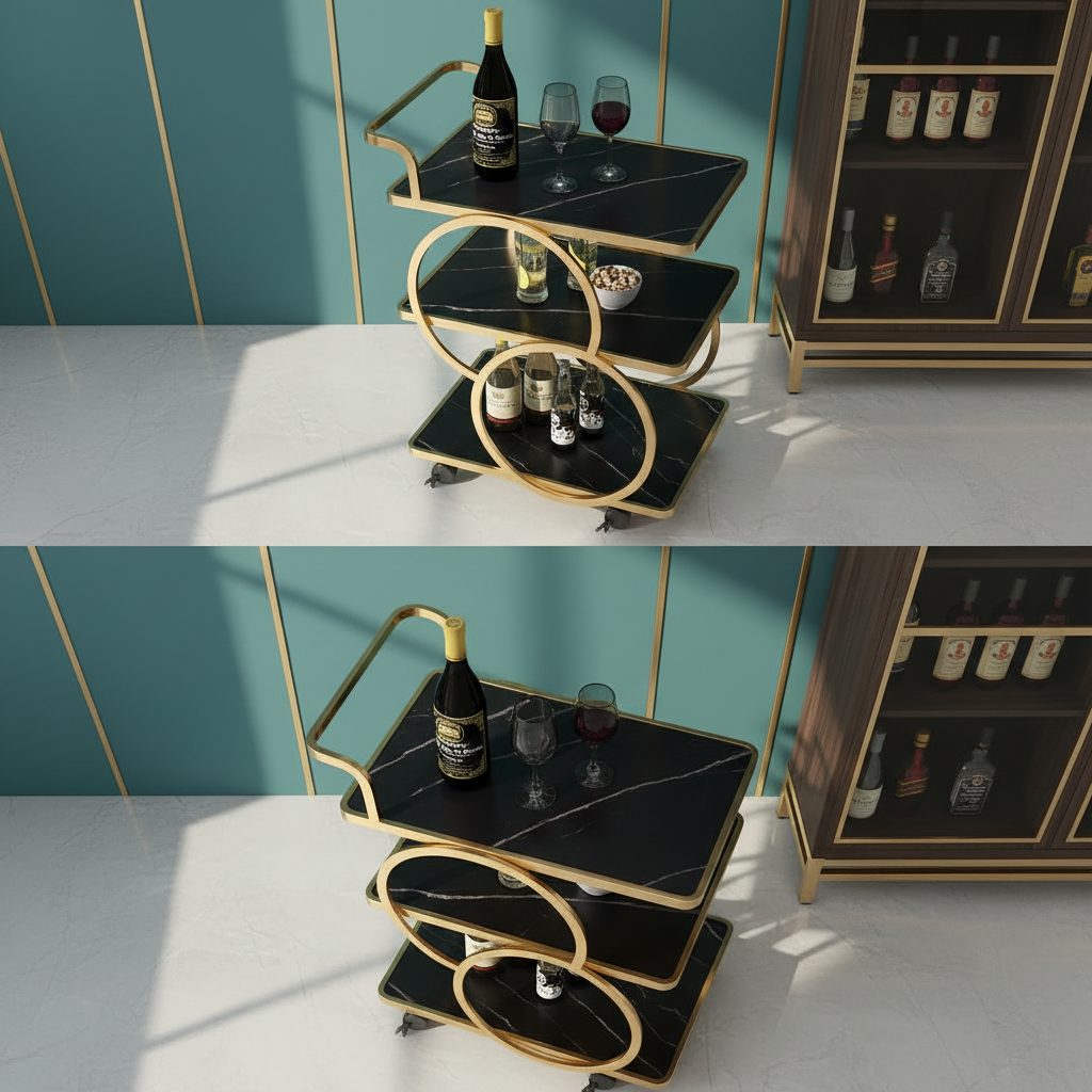 Luxury Geometric Gold Bar Cart – 3-Tier Round Nested Circle Serving Trolley with Black Marble Shelves & Heavy-Duty Locking Casters - Image 6