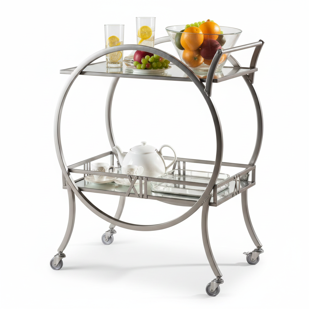 Modern Silver Bar Cart – Luxury 2-Tier Round Circle Frame Serving Trolley with Mirrored Glass Shelves & Rolling Casters - Image 6