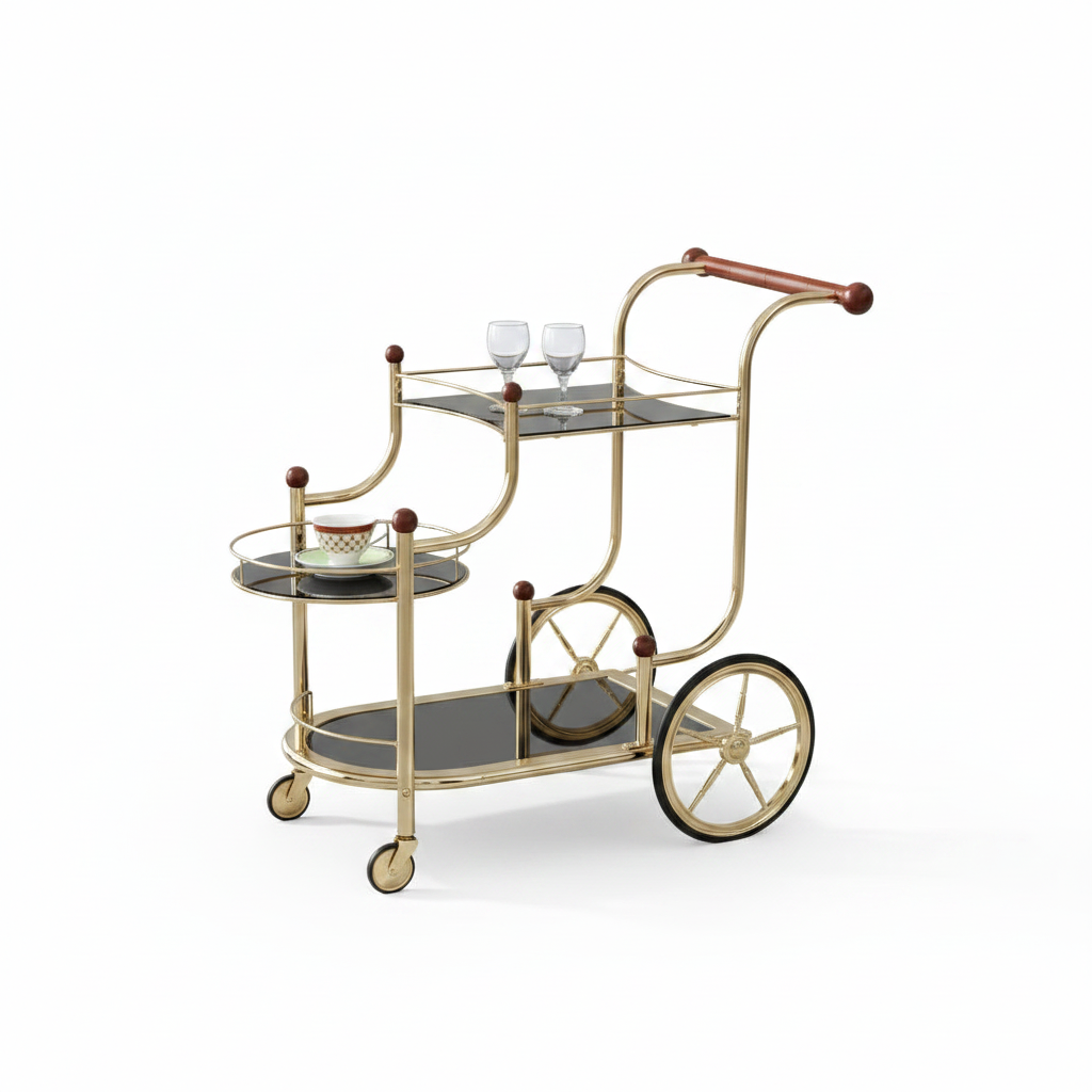 Luxury Vintage Gold Bar Cart – Elegant 3-Tier Multi-Level Serving Trolley with Black Glass Shelves & Decorative Spokes Wheels - Image 5