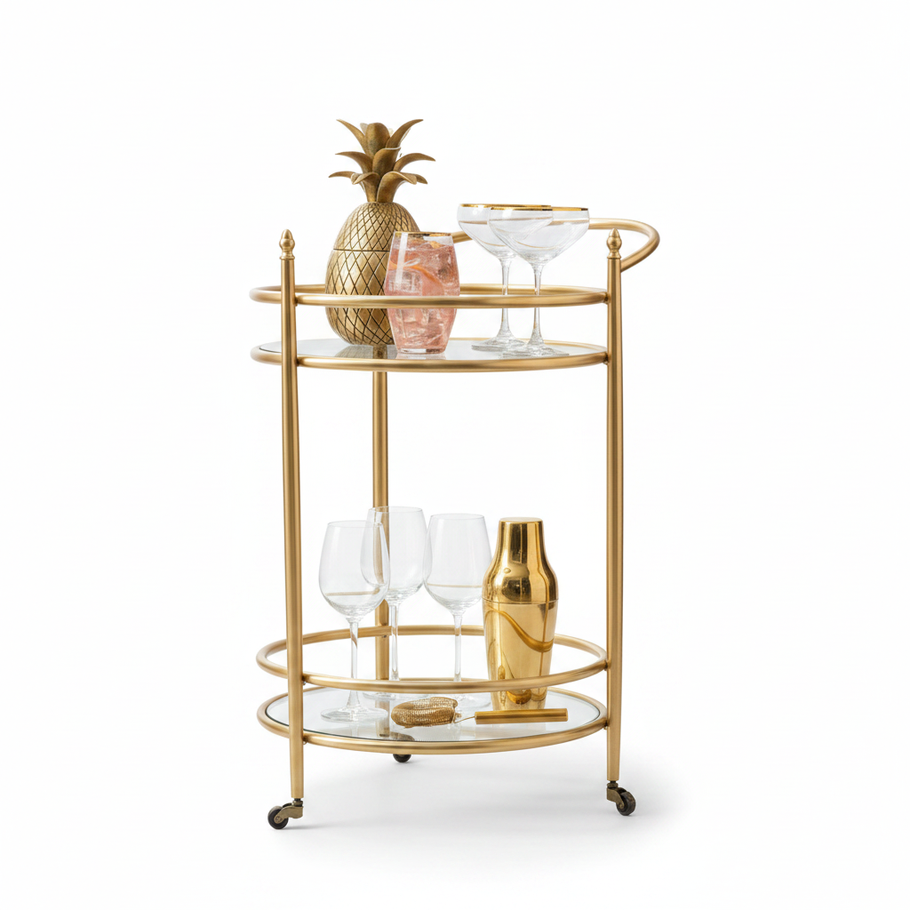 Luxury Round Gold Bar Cart – Elegant 2-Tier Glass Serving Trolley with Minimalist Circular Frame and Rolling Casters - Image 5