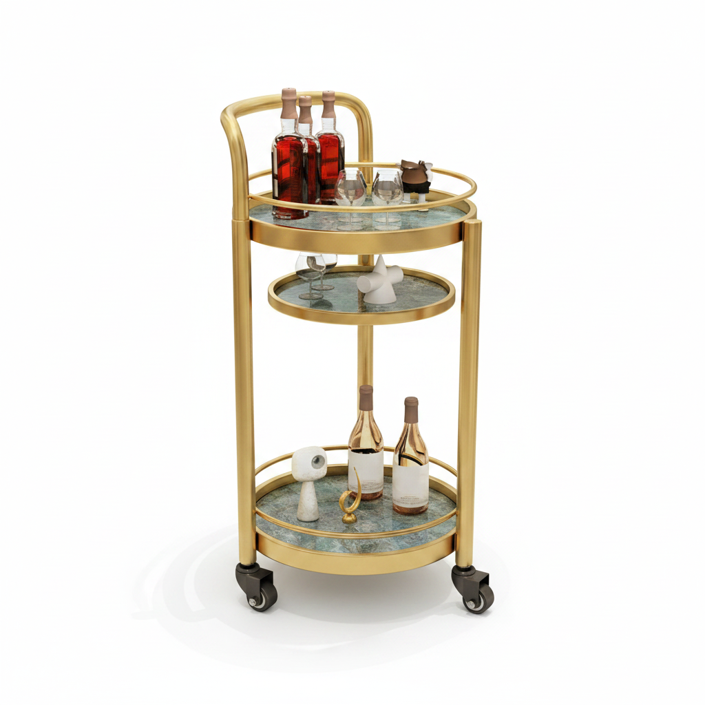 Luxury Modern Gold Bar Cart – Elegant 3-Tier Round Tiered Serving Trolley with marble Shelves and Mobile Rolling Casters - Image 5