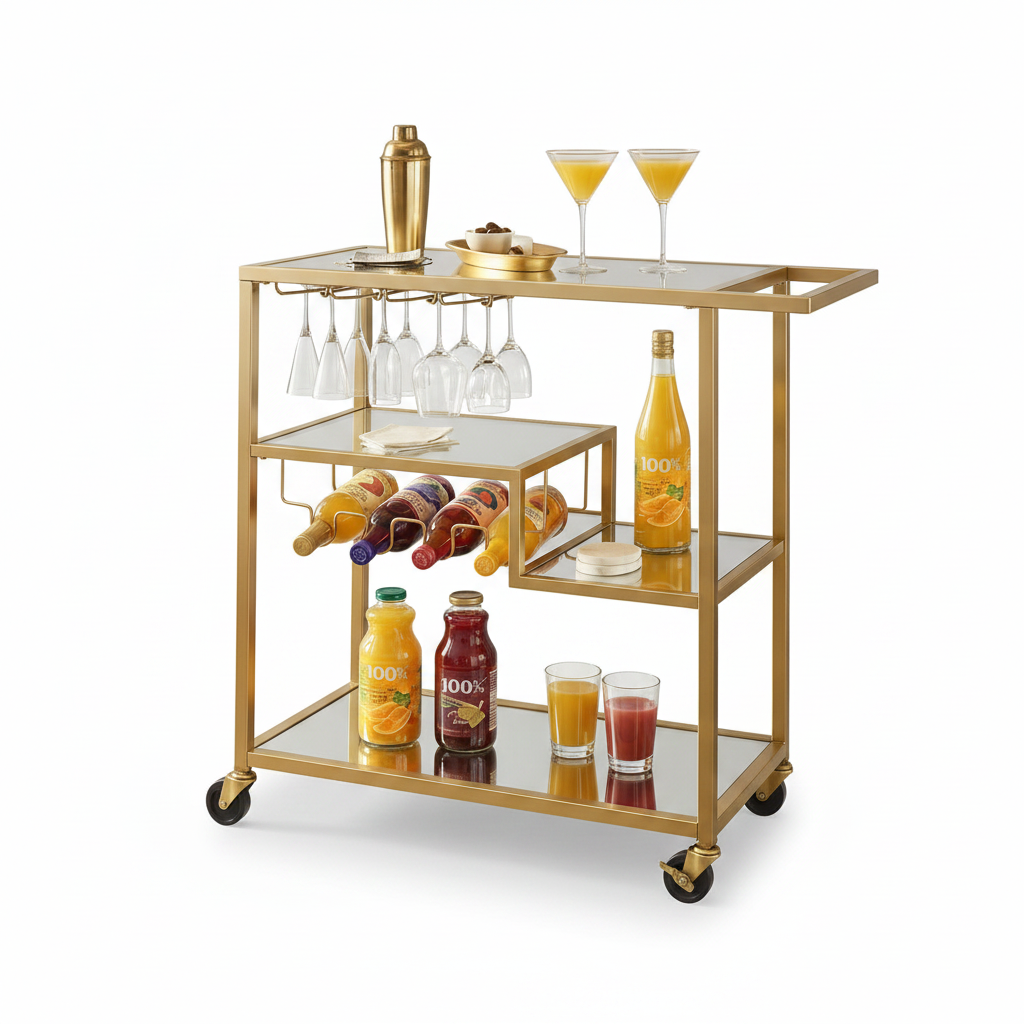 Luxury Multi-Tier Gold Bar Cart – Elegant Serving Trolley with Built-in Wine Glass Rack, Bottle Holder, and Glass Shelves on Rolling Wheels - Image 6