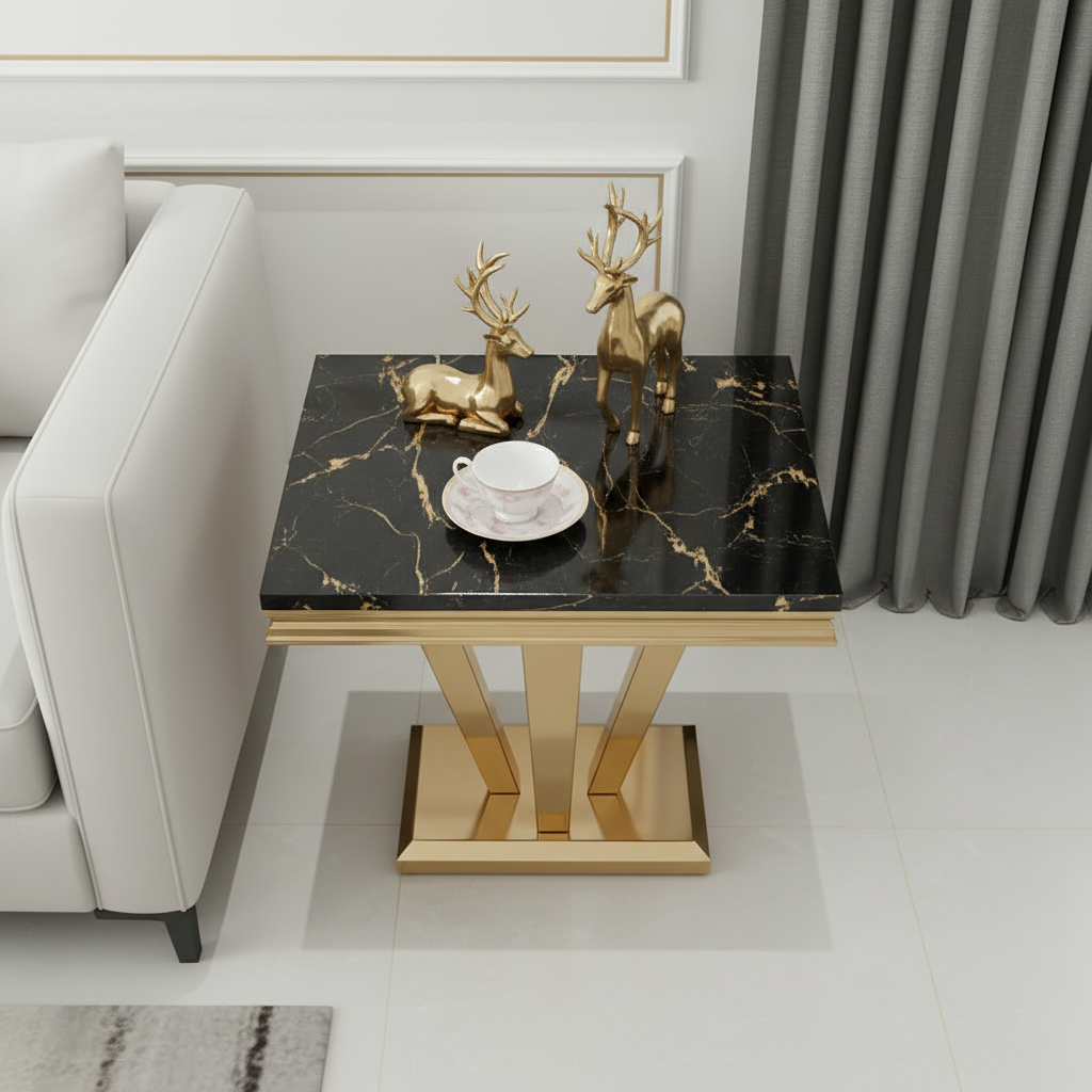 Geometric Gold & Black Marble Side Table - Image 6