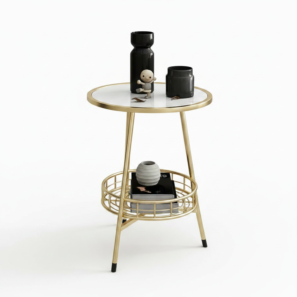 Modern Gold Side Table with Mesh Shelf - Image 5