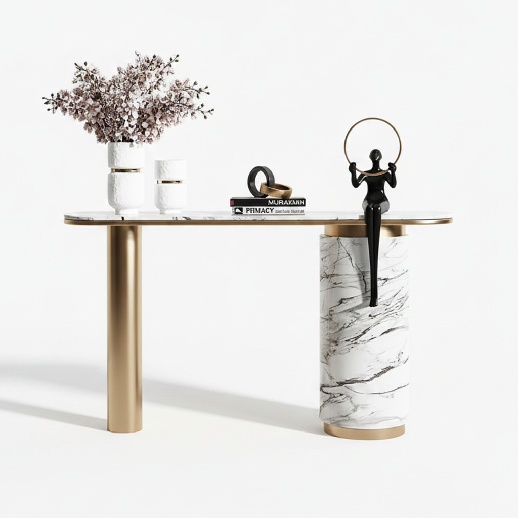 Gold & Marble Pillar Asymmetric Console Table - Image 6