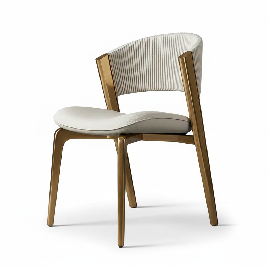 Gold-Framed Ribbed White Leather Dining Chair - Image 5