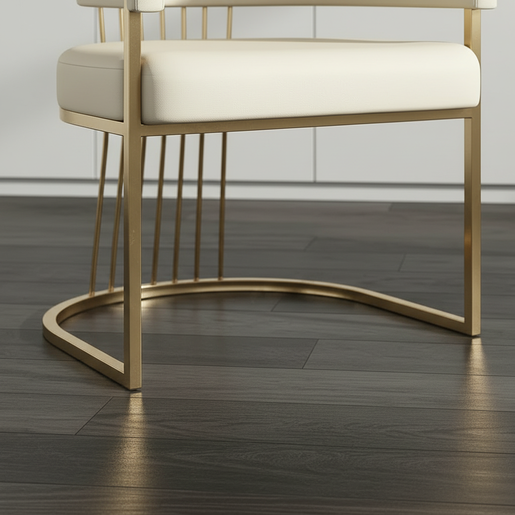 Gold-Framed Off-White Leather Barrel Dining Chair - Image 5