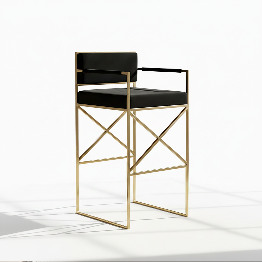 Modern Gold X-Frame Black Leather Bar Stool - Image 5