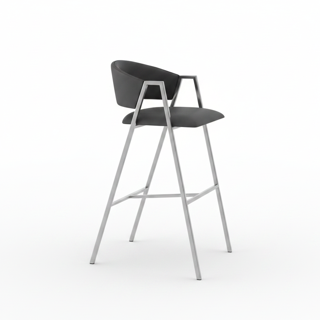 Modern Silver-Framed Black Leather Bar Stools - Image 5