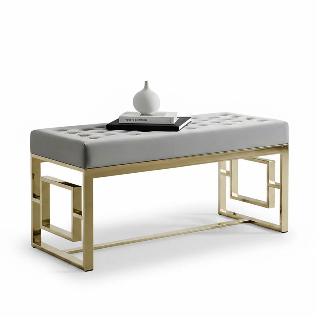 Modern Gold Geometric Square-Base Tufted Grey Bench - Image 5