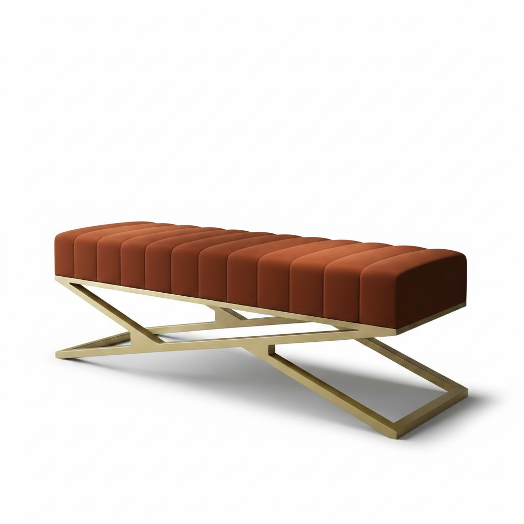 Modern Gold Z-Frame Channel-Tufted Rust Orange Bench - Image 5