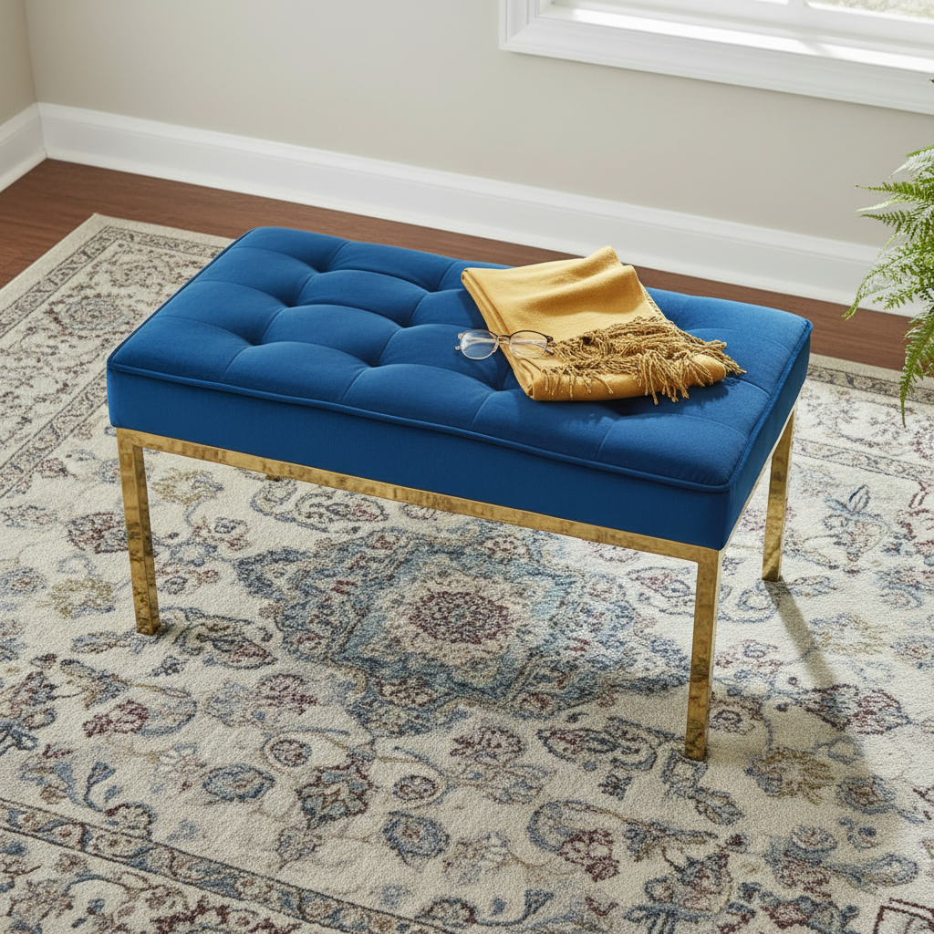 Modern Gold-Framed Royal Blue Velvet Tufted Bench - Image 5