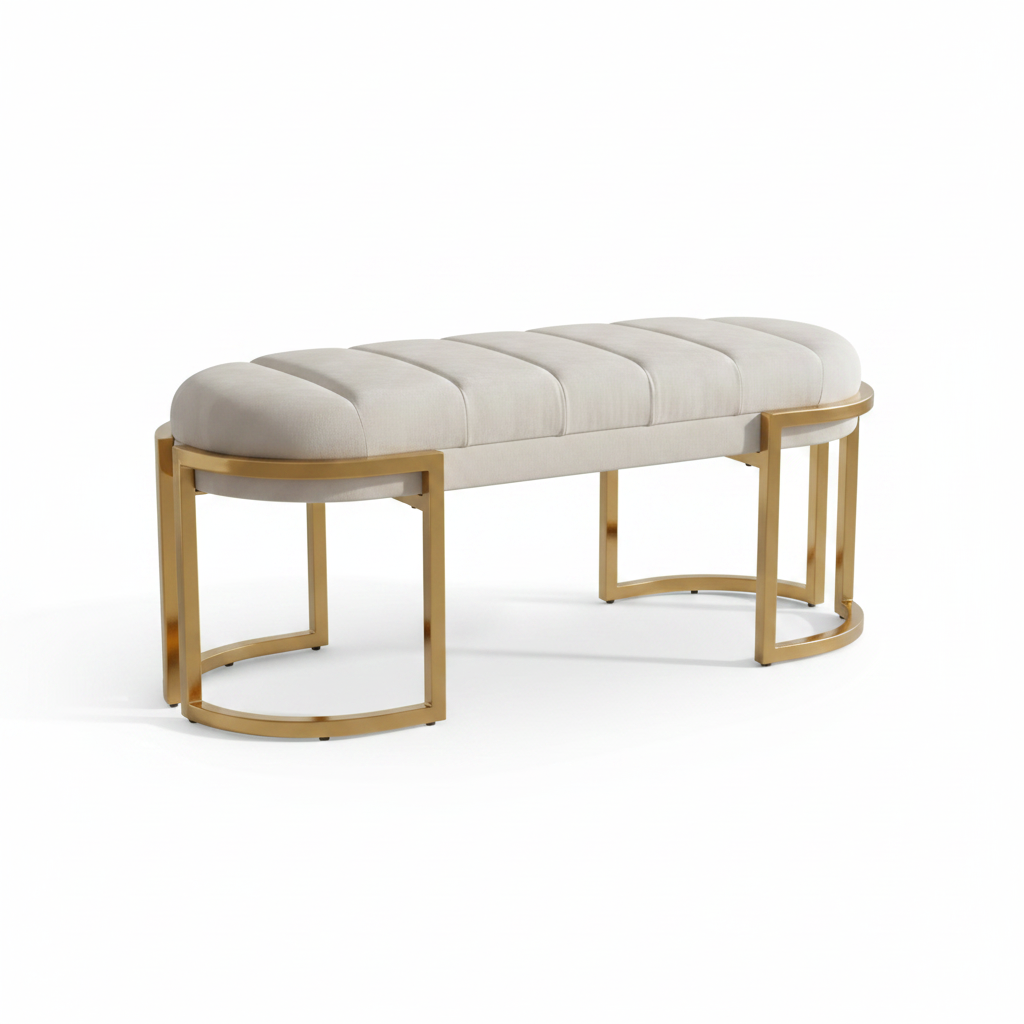 Modern Gold-Framed Ribbed Grey Fabric Bench - Image 5