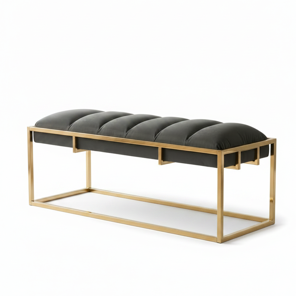 Modern Gold-Framed Channel-Tufted Charcoal Fabric Bench - Image 5