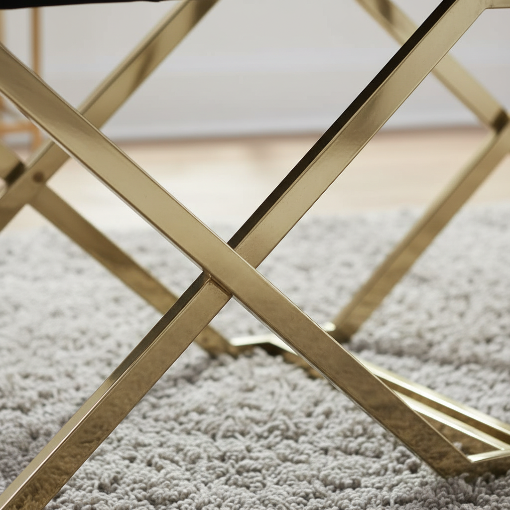 Modern Gold X-Frame Tufted Black Velvet Bench - Image 4
