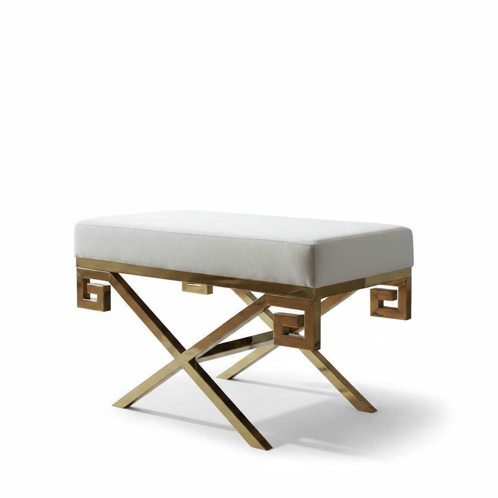 Modern Gold Greek-Key X-Frame White Fabric Bench - Image 5