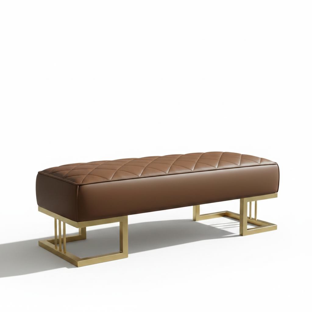 Modern Gold-Framed Diamond-Quilted Brown Leather Bench - Image 5