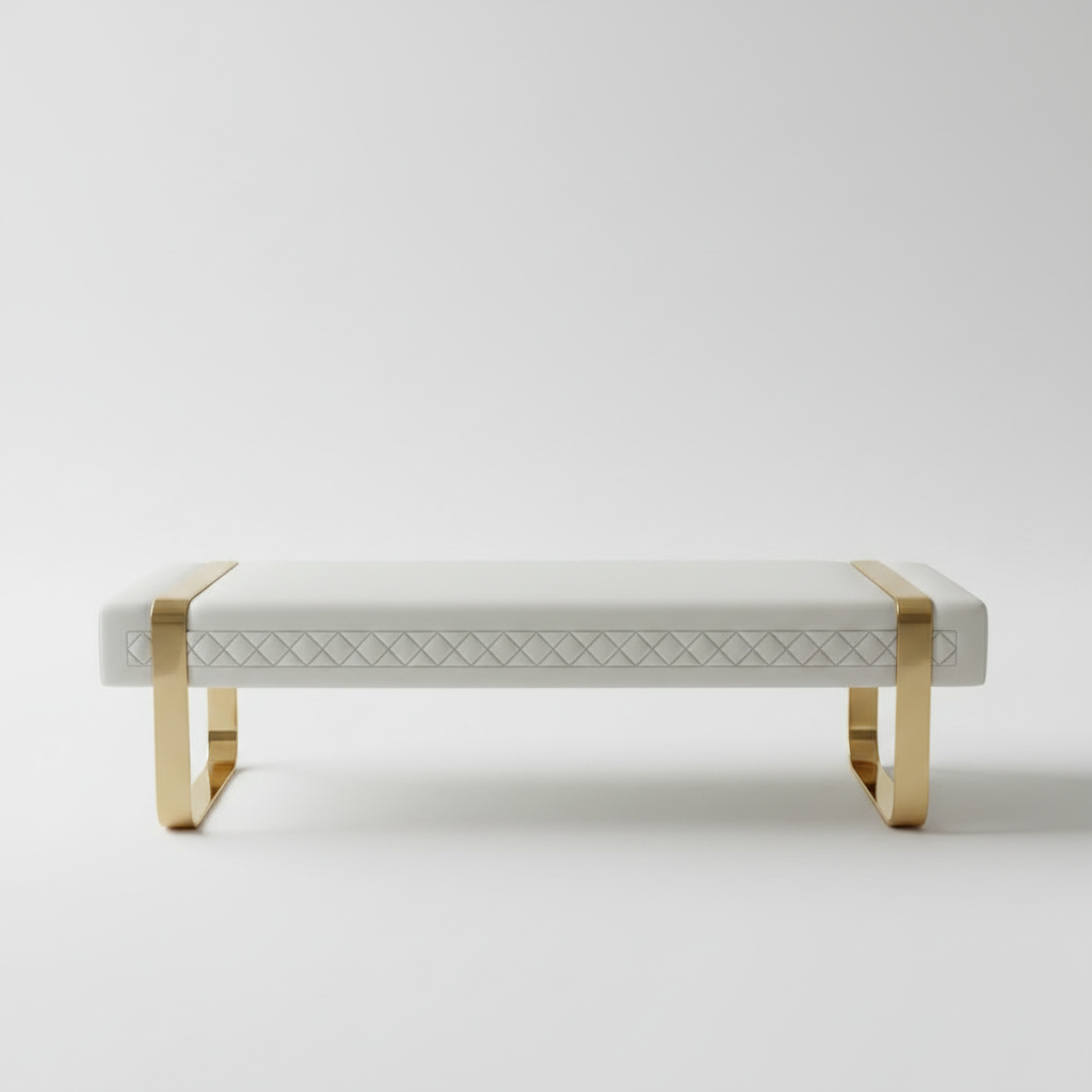 Modern Gold-Framed Diamond-Stitched White Leather Bench - Image 5