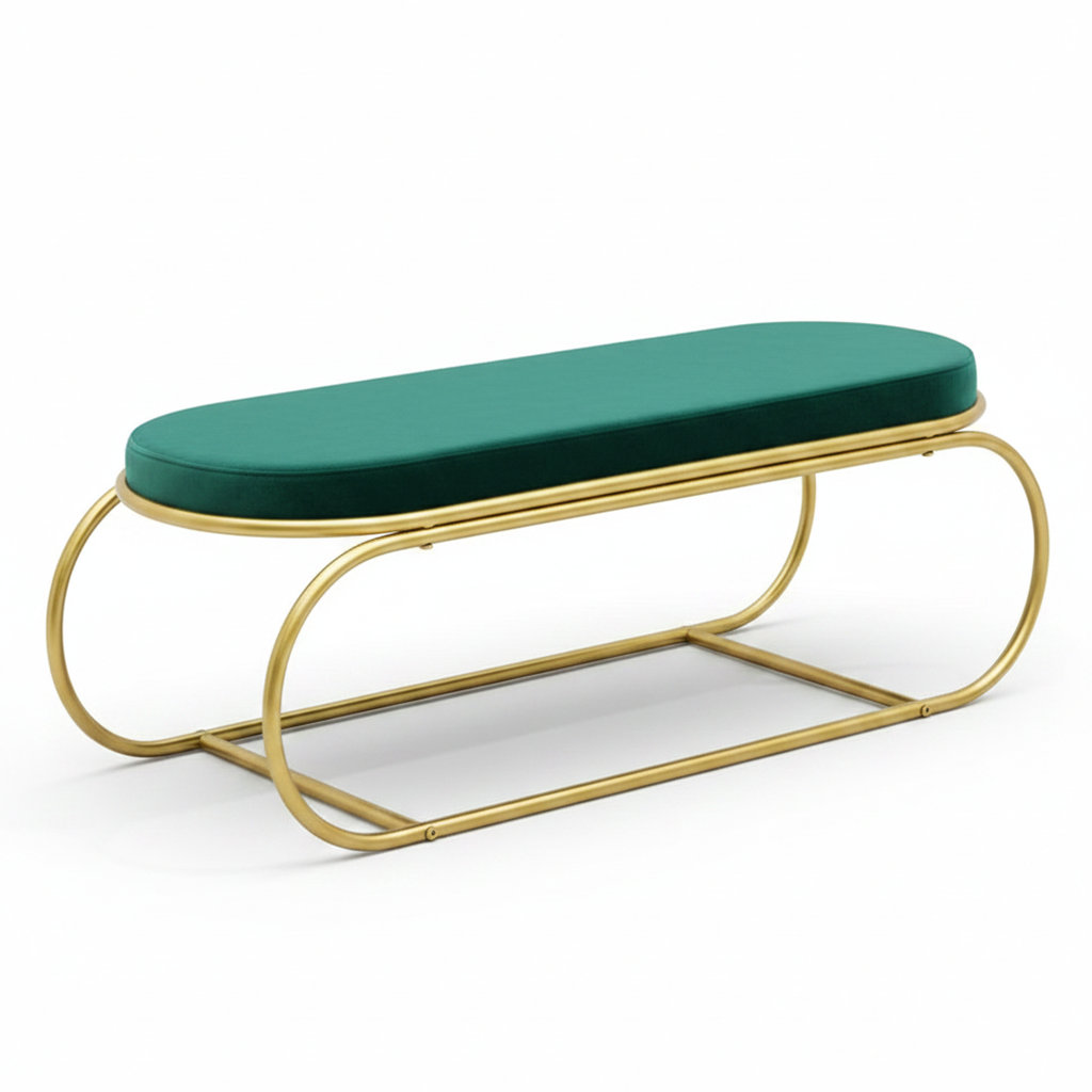 Modern Gold-Framed Emerald Green Velvet Oval Bench - Image 5