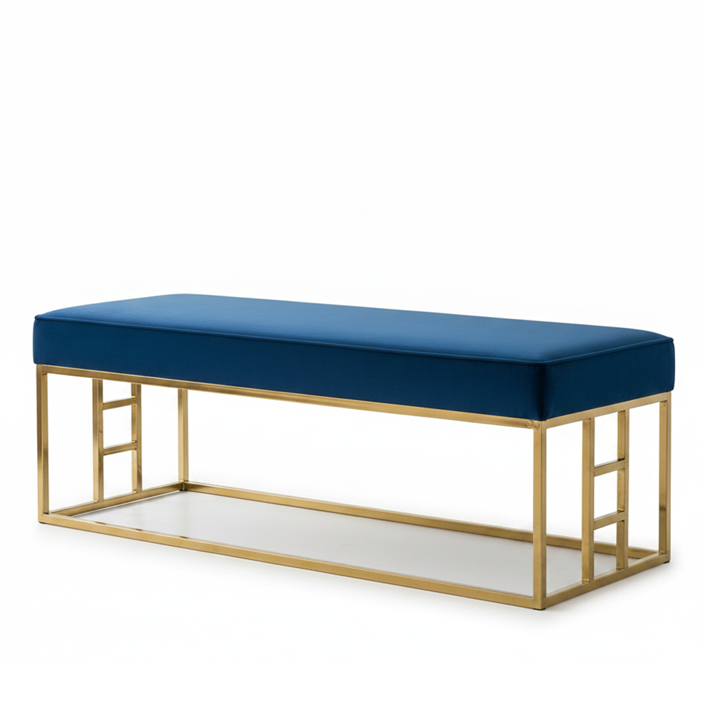 Modern Gold Geometric Square-Base Royal Blue Velvet Bench - Image 5