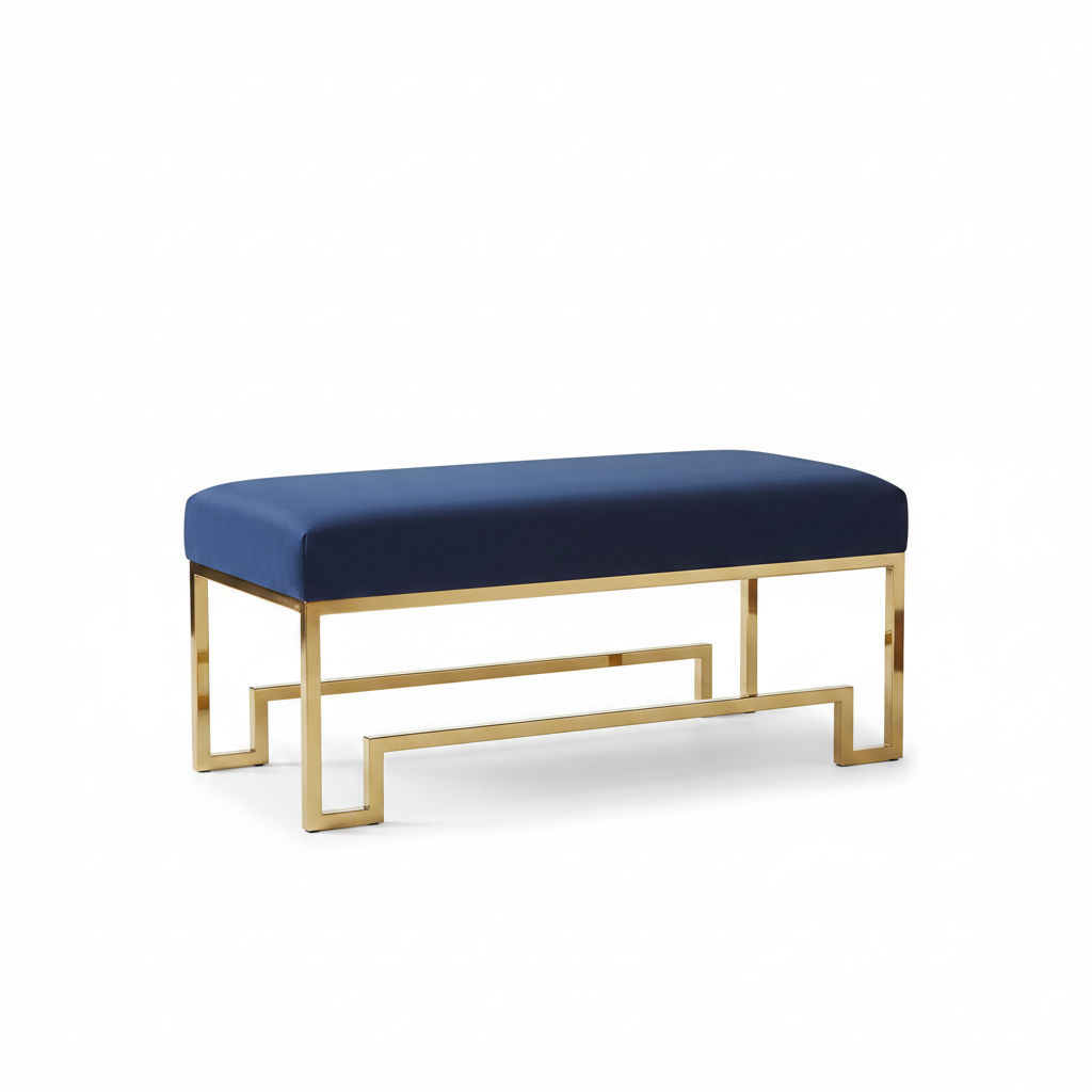 Modern Gold Geometric-Base Royal Blue Velvet Bench - Image 5
