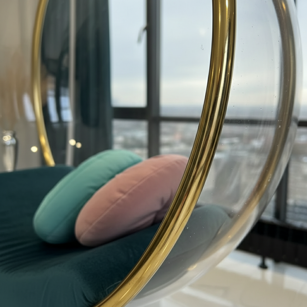 Modern Transparent Acrylic Globe Hanging Chair with Gold Finish & Deep Teal Velvet Cushion - Image 4