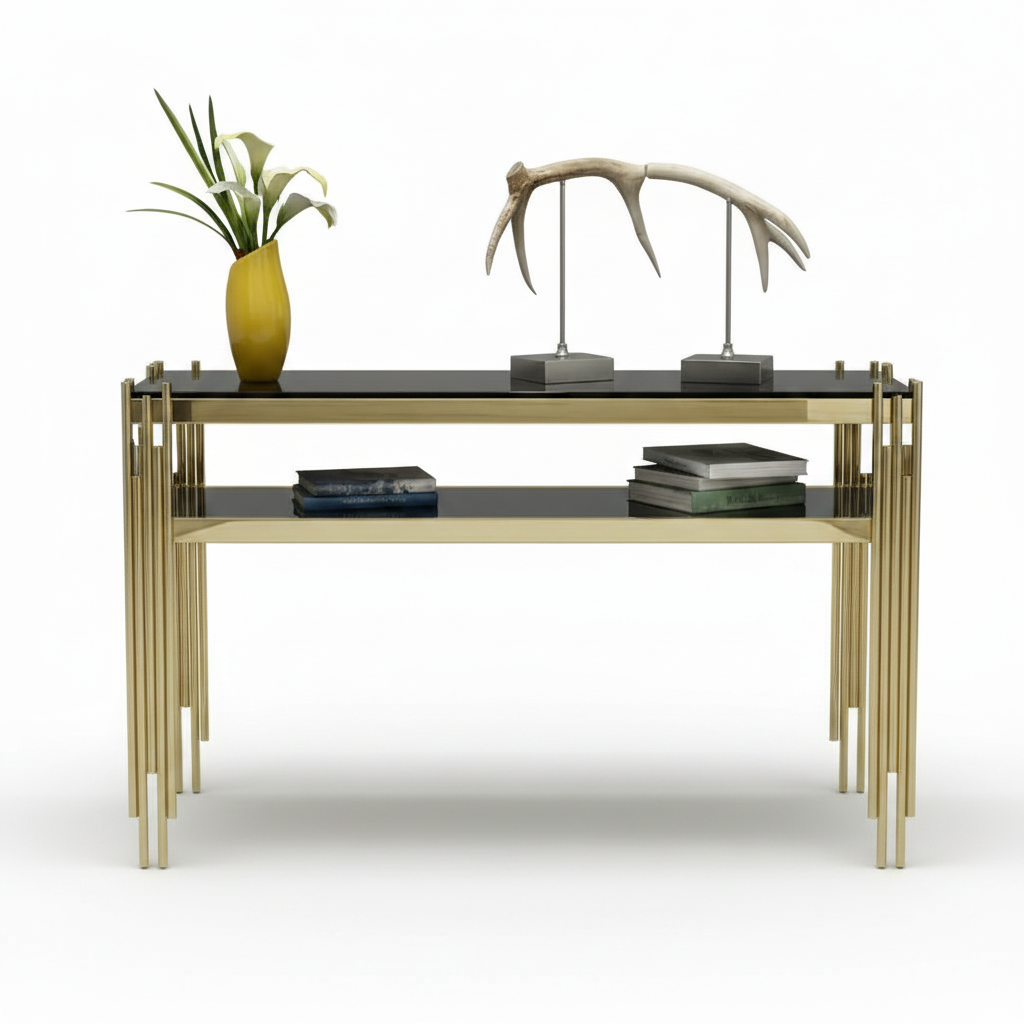 Gold & Black Slat-Leg Tiered Console Table - Image 7