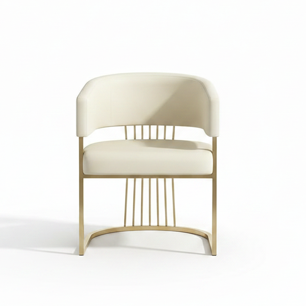 Gold-Framed Off-White Leather Barrel Dining Chair - Image 6