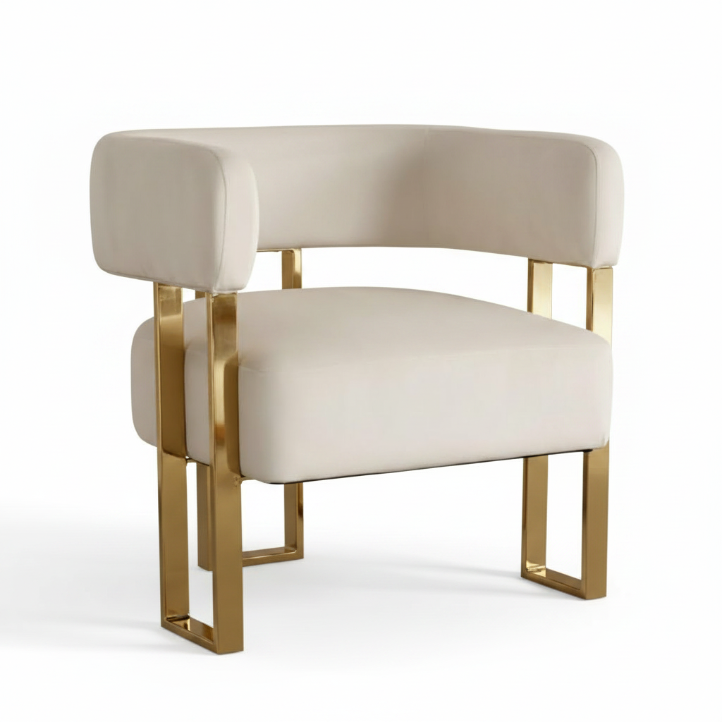 Gold Framed Cream Leather Barrel Accent Chair - Image 6