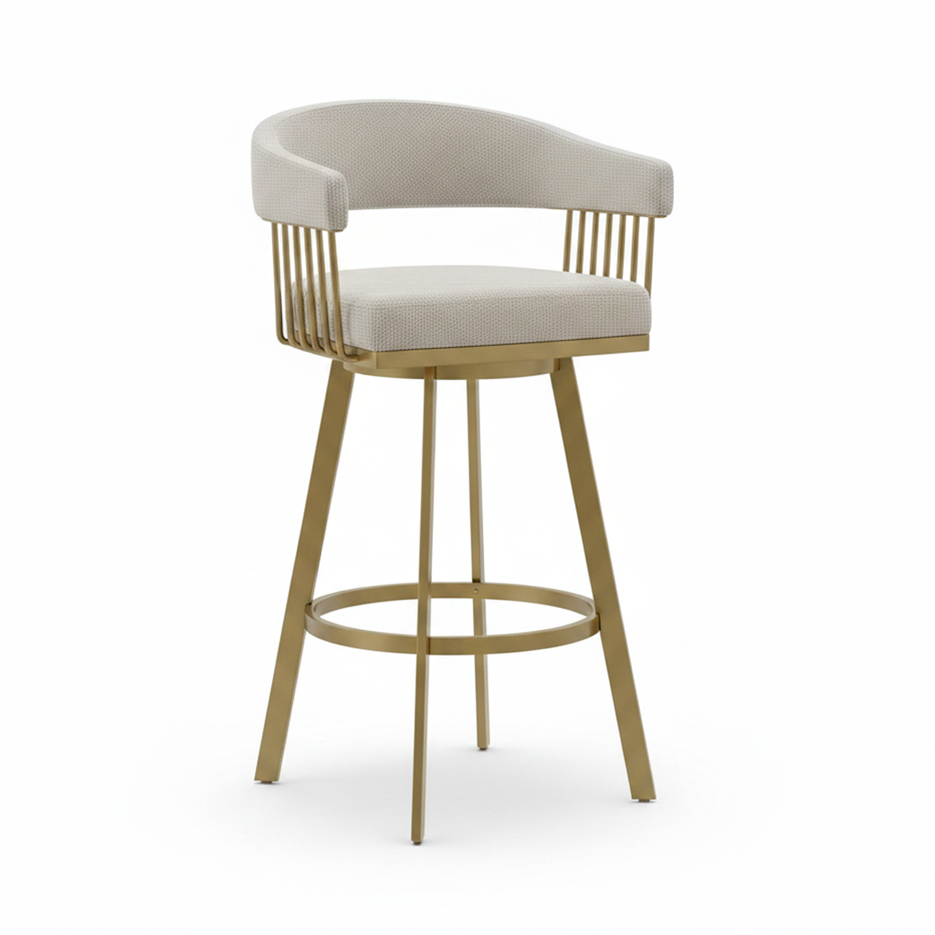Modern Gold-Framed Swivel Bar Stools with Off-White Fabric Seat - Image 6