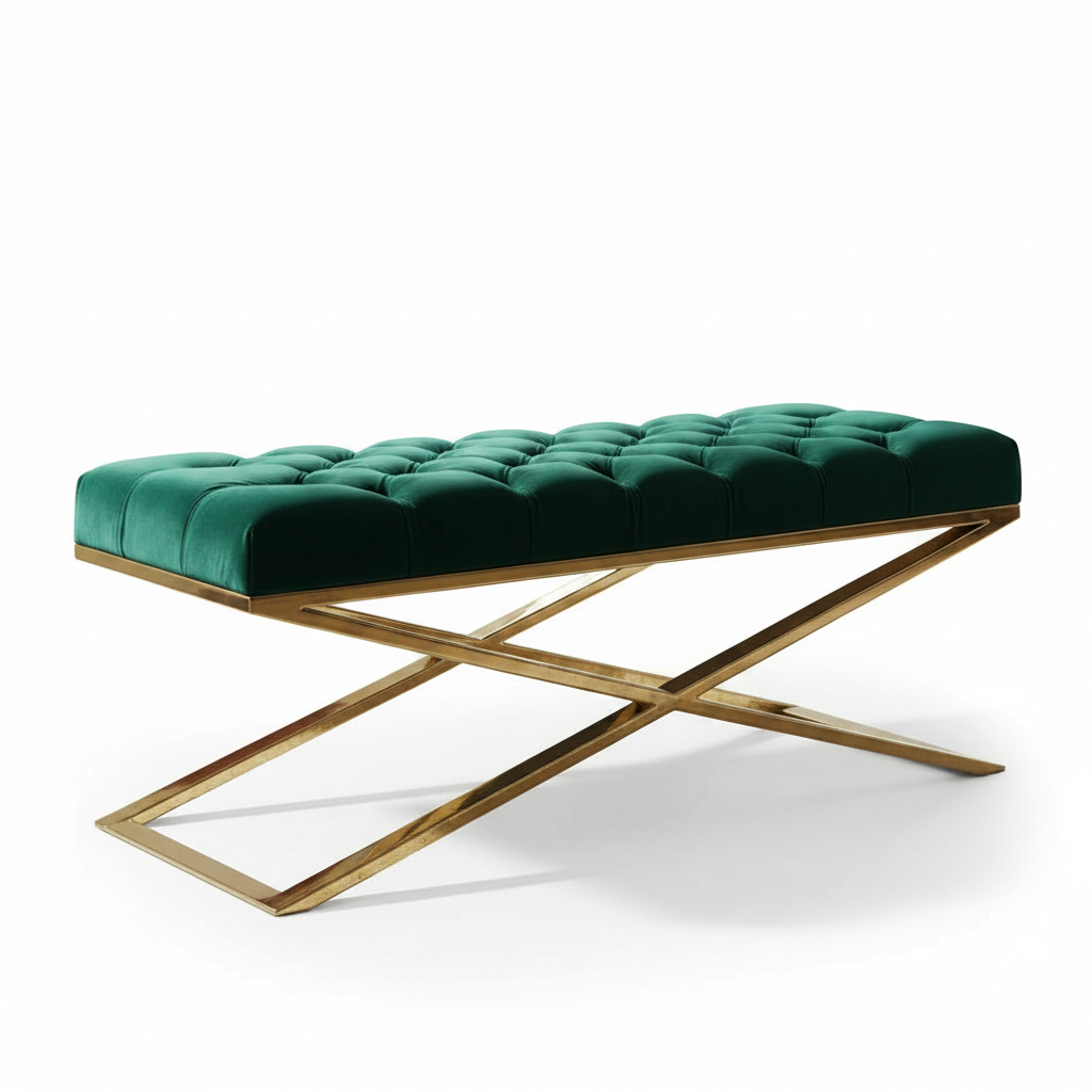 Modern Gold X-Frame Tufted Emerald Green Velvet Bench - Image 6
