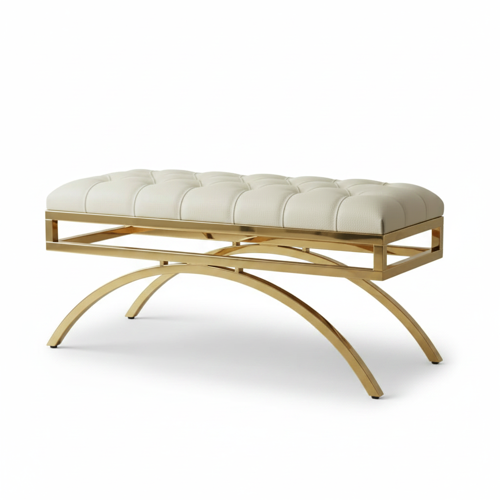 Modern Gold Arched-Frame Tufted White Leather Bench - Image 6