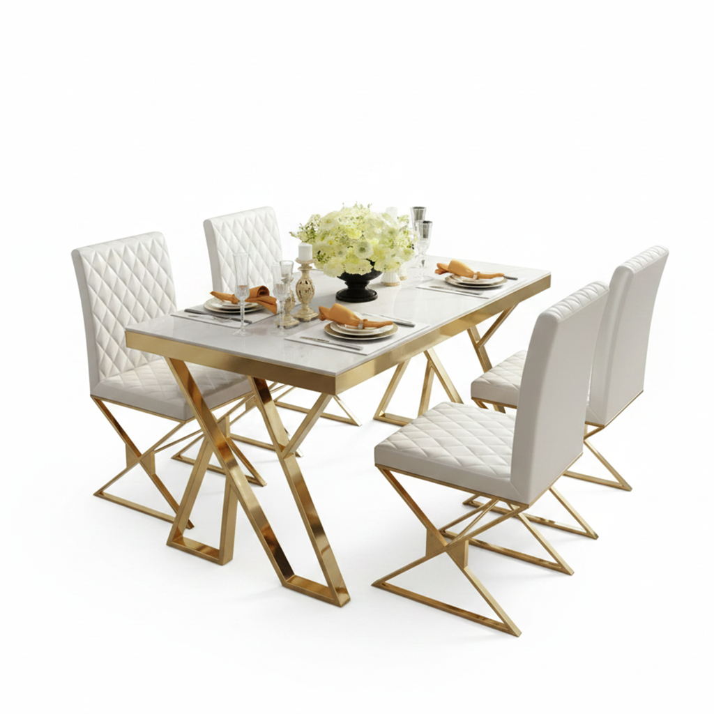 Modern Gold-Framed Marble Table & White Tufted Chairs Dining Set - Image 6