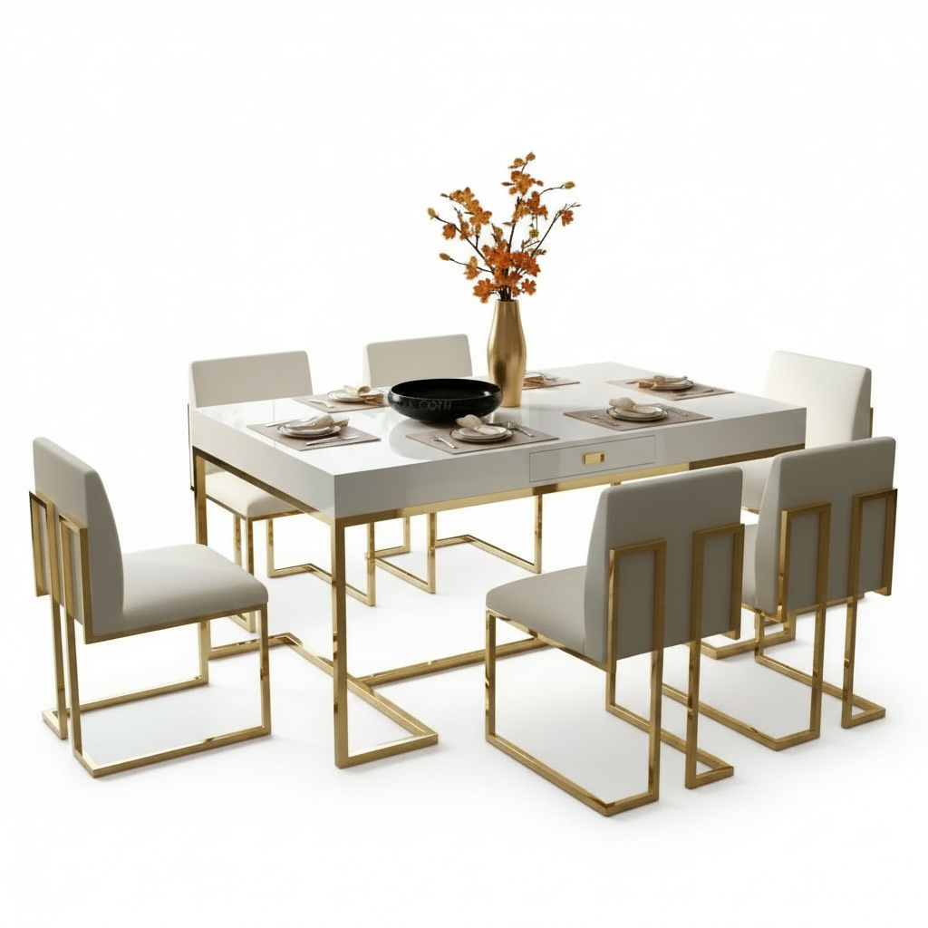 Modern Gold-Framed White Dining Table with Geometric Chairs - Image 6