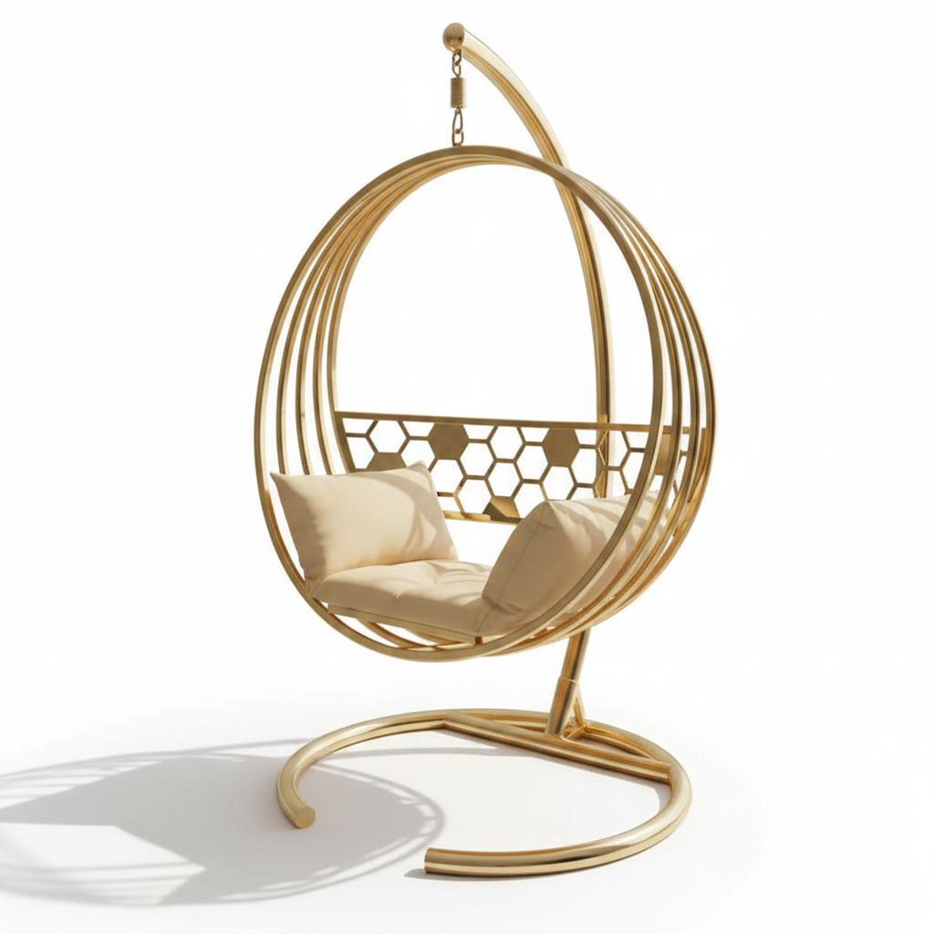 Elegant Gold Orbital Swing Chair – Luxury Metal Frame Hanging Chair with Honeycomb Pattern Back. - Image 6